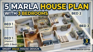 5 Marla House Plan with 3 Bedroom